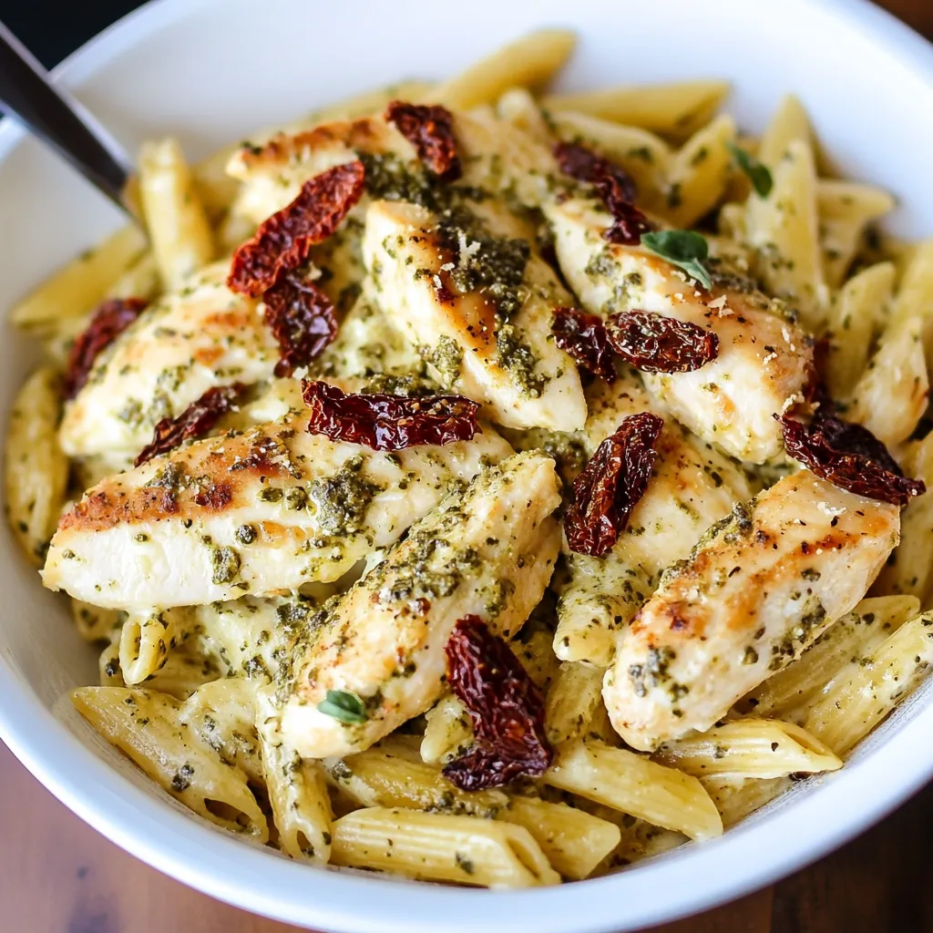 Basil Pesto Chicken with Alfredo Penne and Sun Dried Tomatoes