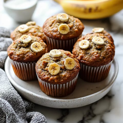 A plate of freshly baked banana muffins topped with banana slices, accompanied by a gray kitchen towel and a blurred banana in the background.