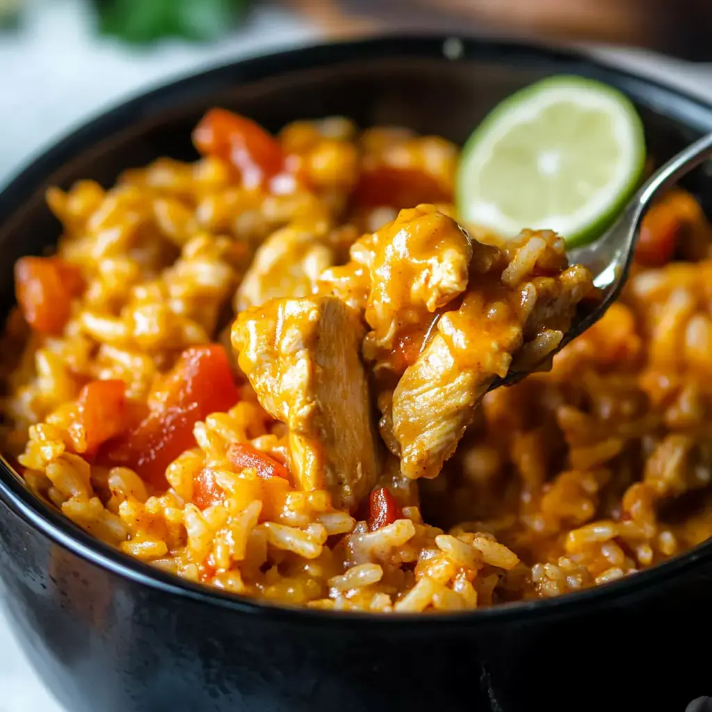 A close-up of a bowl filled with chicken and rice, garnished with a lime wedge and mixed with tomatoes.