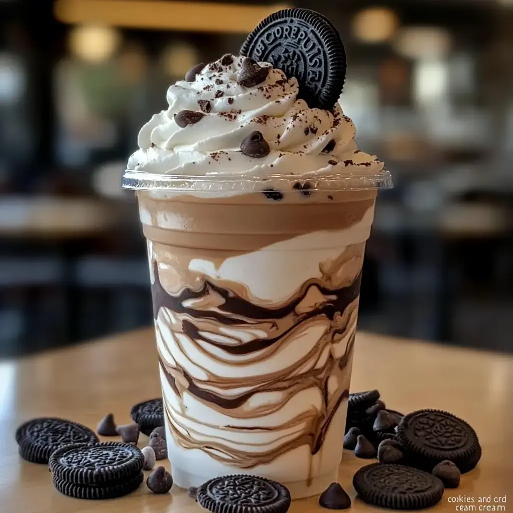 A delicious layered dessert beverage featuring chocolate and vanilla swirls, topped with whipped cream, chocolate chips, and an Oreo cookie.