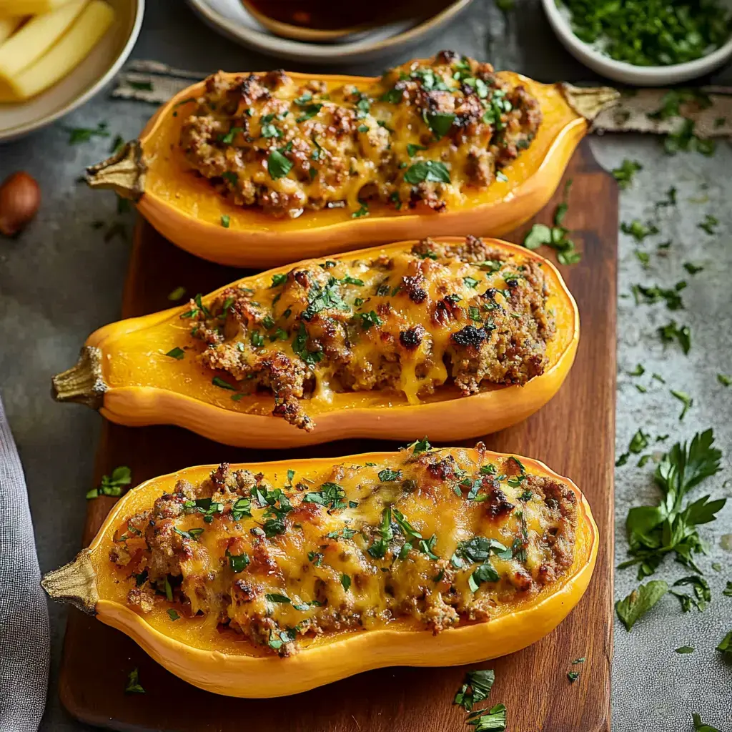 A wooden board holds three stuffed butternut squash halves, topped with melted cheese and garnished with chopped herbs.