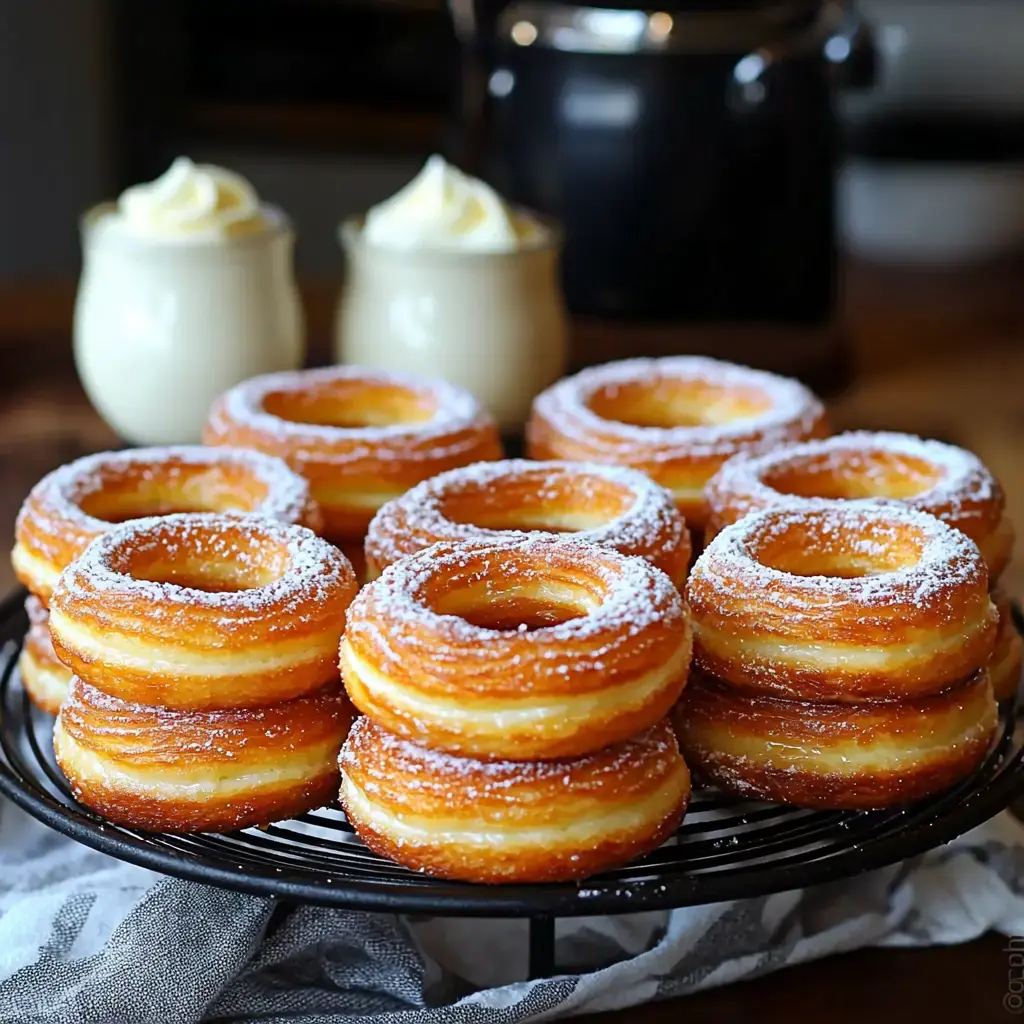 A plate of freshly glazed, powdered sugar-dusted donuts is displayed next to two small jars of whipped cream.