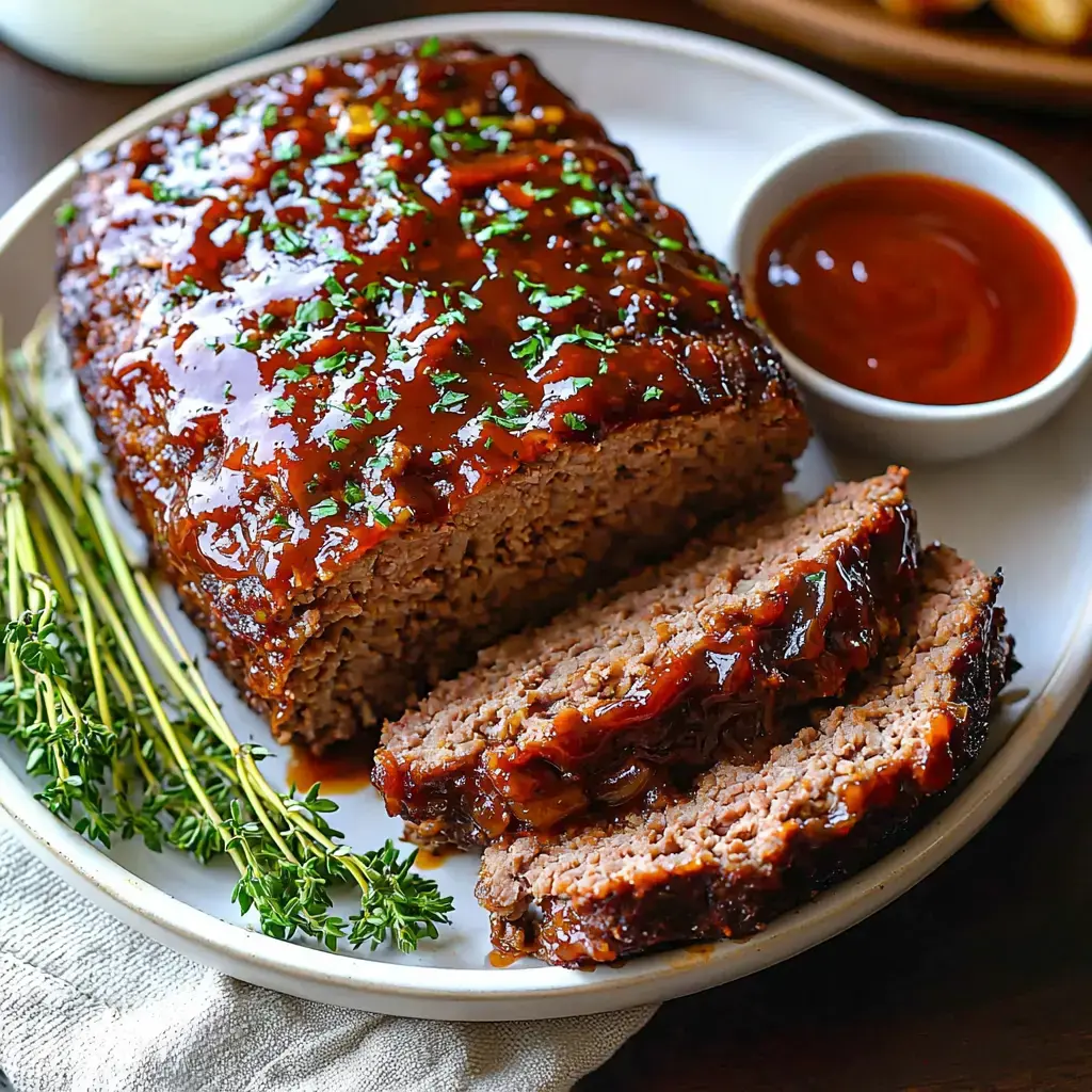 A sliced meatloaf with a glossy glaze is served on a plate alongside a small dish of sauce and garnished with fresh herbs.