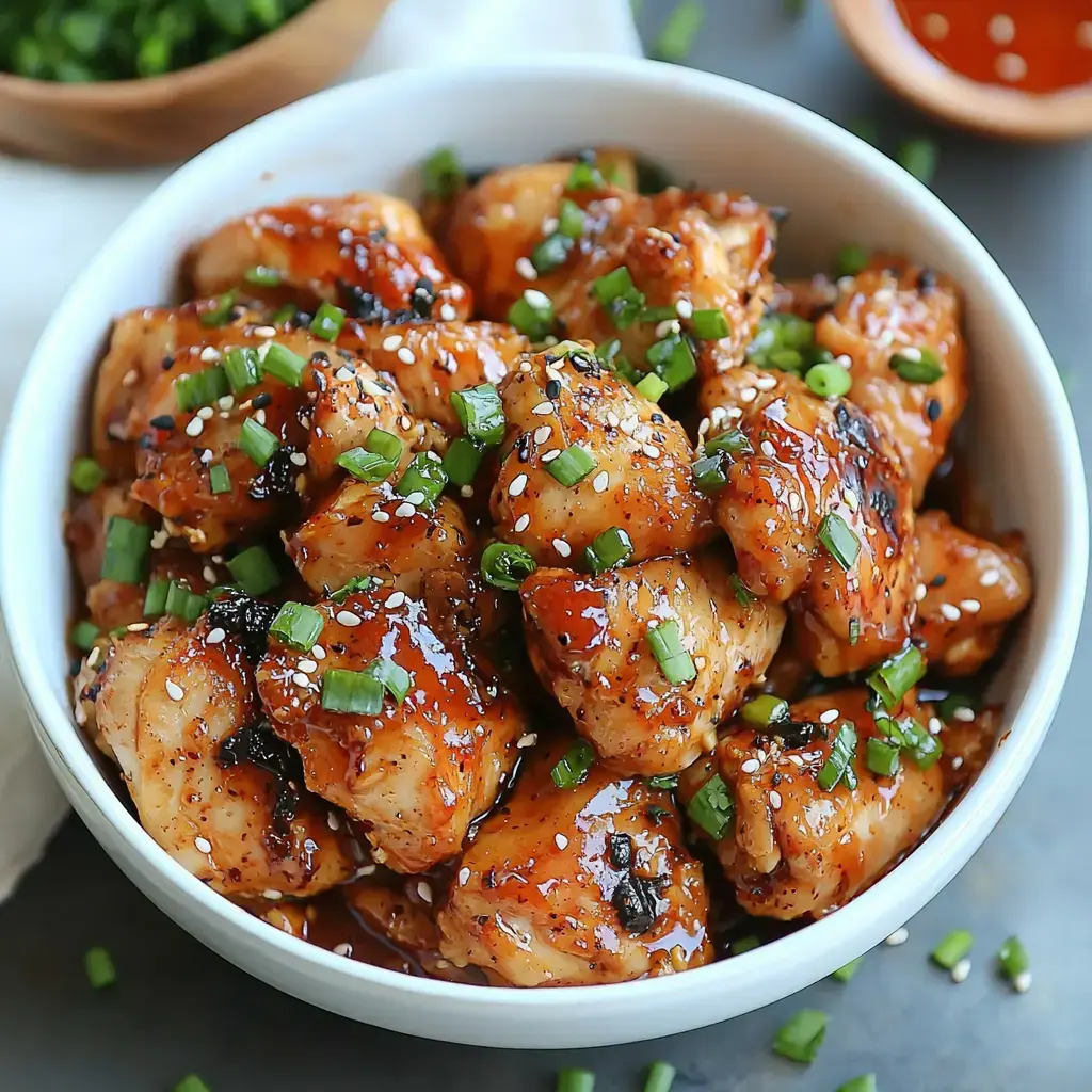 A close-up view of a bowl filled with glazed chicken pieces, garnished with chopped green onions and sesame seeds.