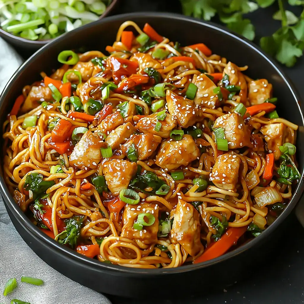 A bowl of stir-fried noodles with chicken, vegetables, and sesame seeds, garnished with green onions.