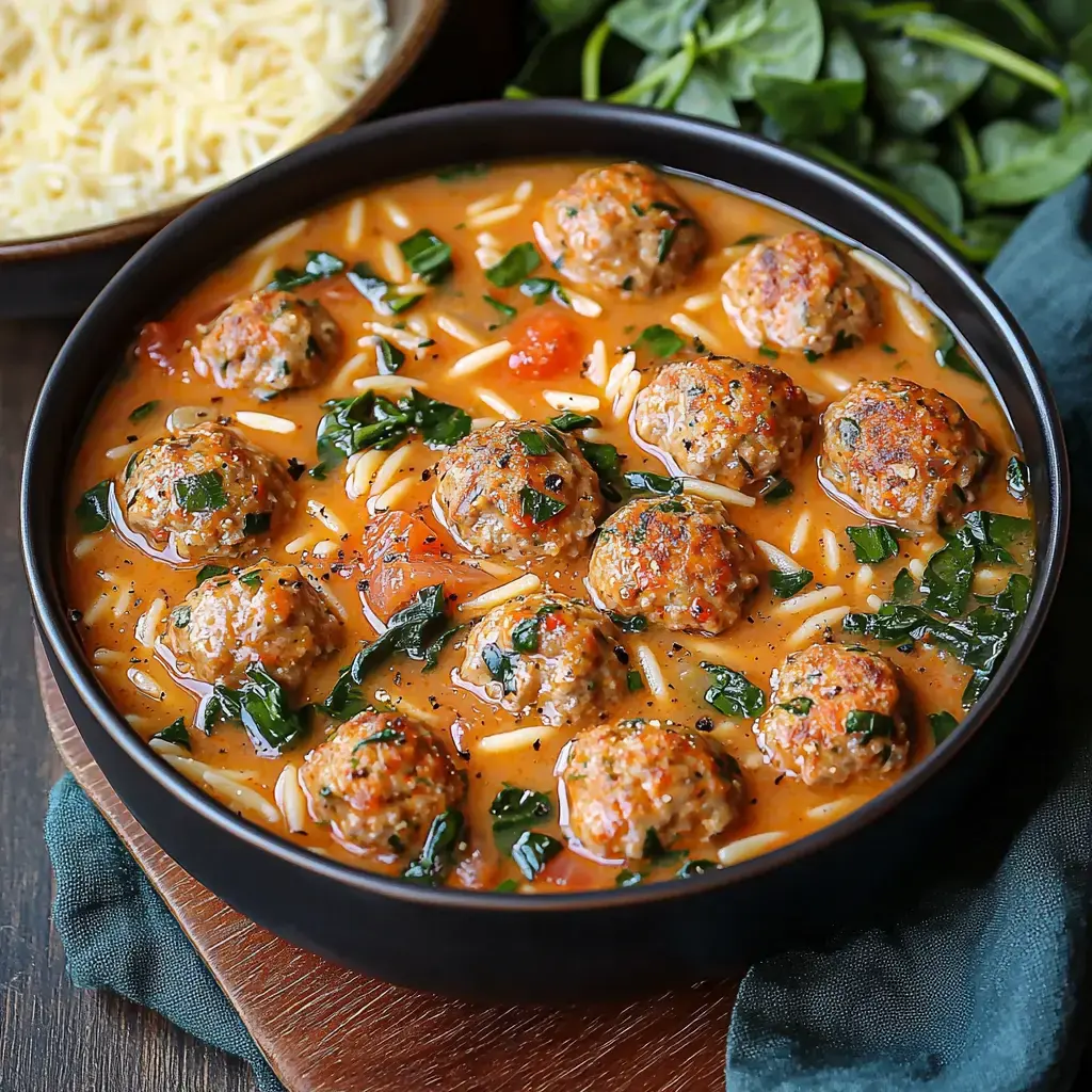 A bowl of hearty soup filled with meatballs, orzo pasta, tomatoes, and greens, garnished with herbs.