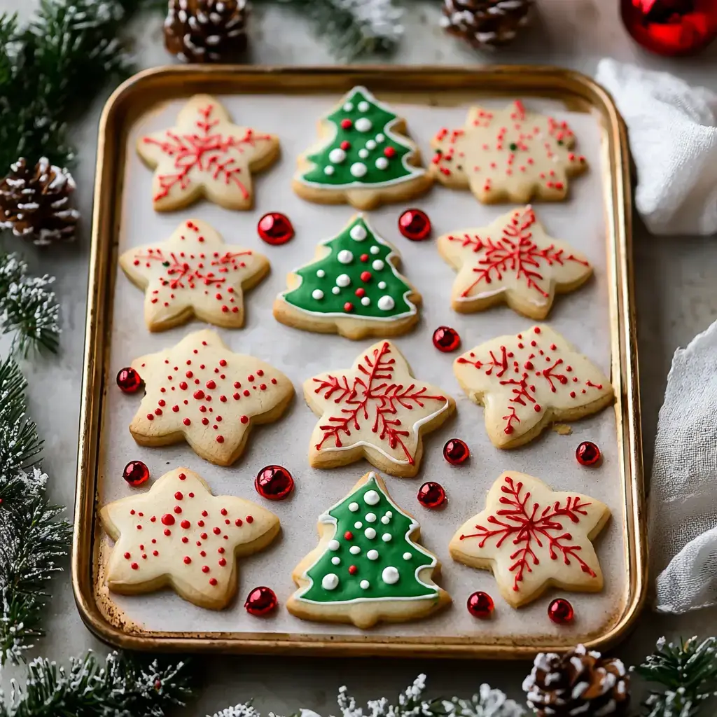 A tray of decorated Christmas cookies, featuring star and tree shapes adorned with red and green icing, surrounded by festive decorations.