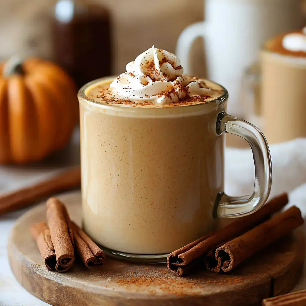 A glass mug filled with creamy pumpkin spice latte topped with whipped cream and sprinkled with cinnamon, alongside cinnamon sticks and a decorative pumpkin in the background.