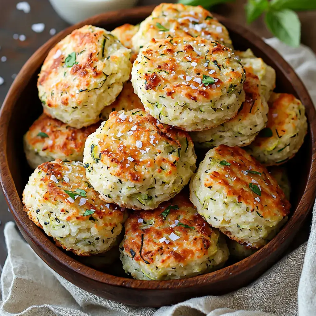 A wooden bowl filled with golden-brown, herb-infused biscuits topped with flakes of sea salt.