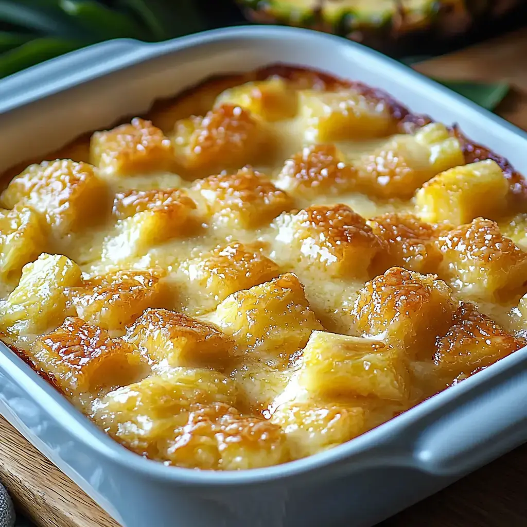 A close-up of a baked pineapple dessert with a golden, caramelized top, served in a white dish.