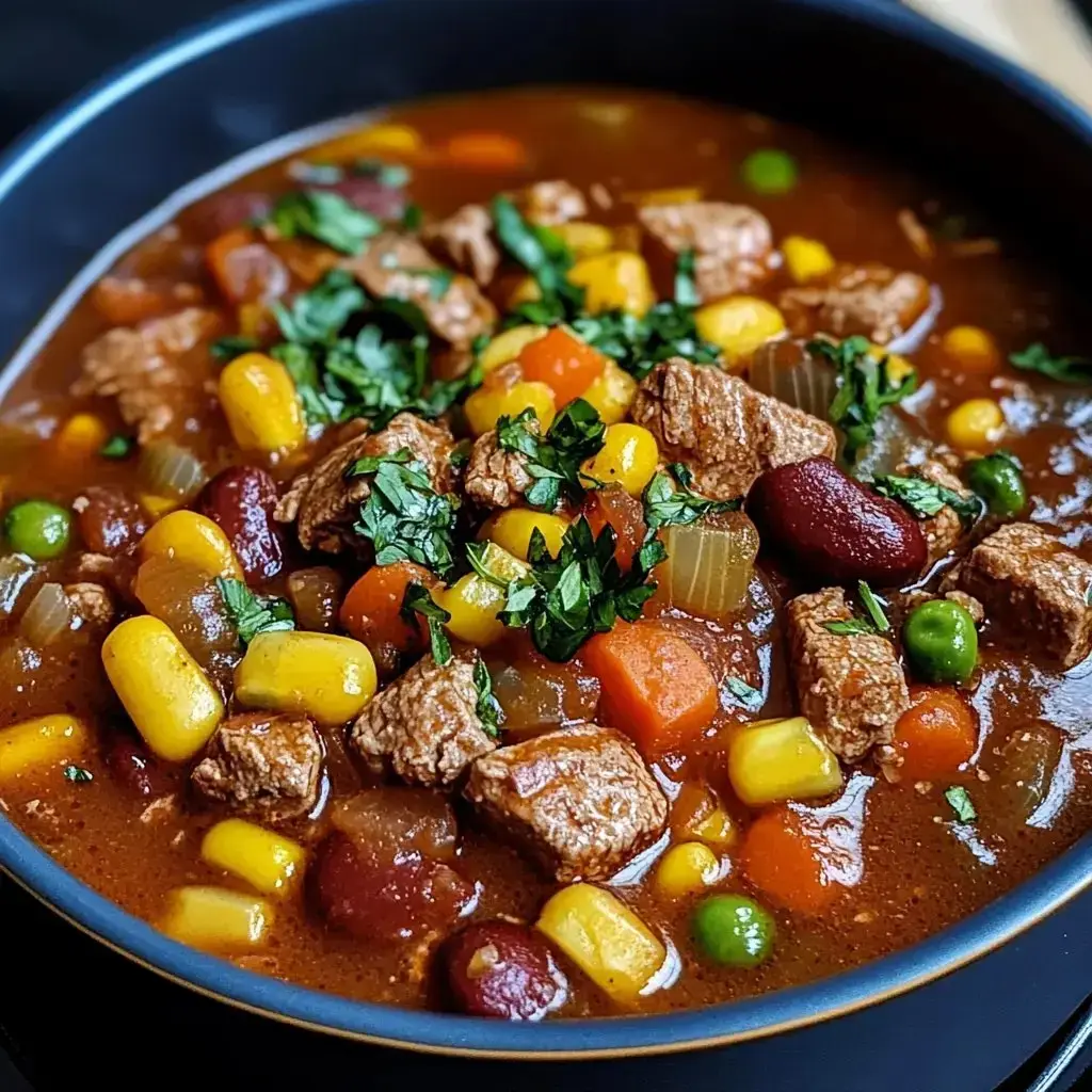 A close-up of a hearty beef and vegetable stew featuring chunks of beef, corn, kidney beans, carrots, and garnished with fresh cilantro.