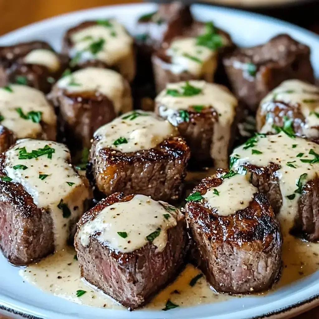 A plate of tender beef medallions topped with creamy sauce and garnished with parsley.