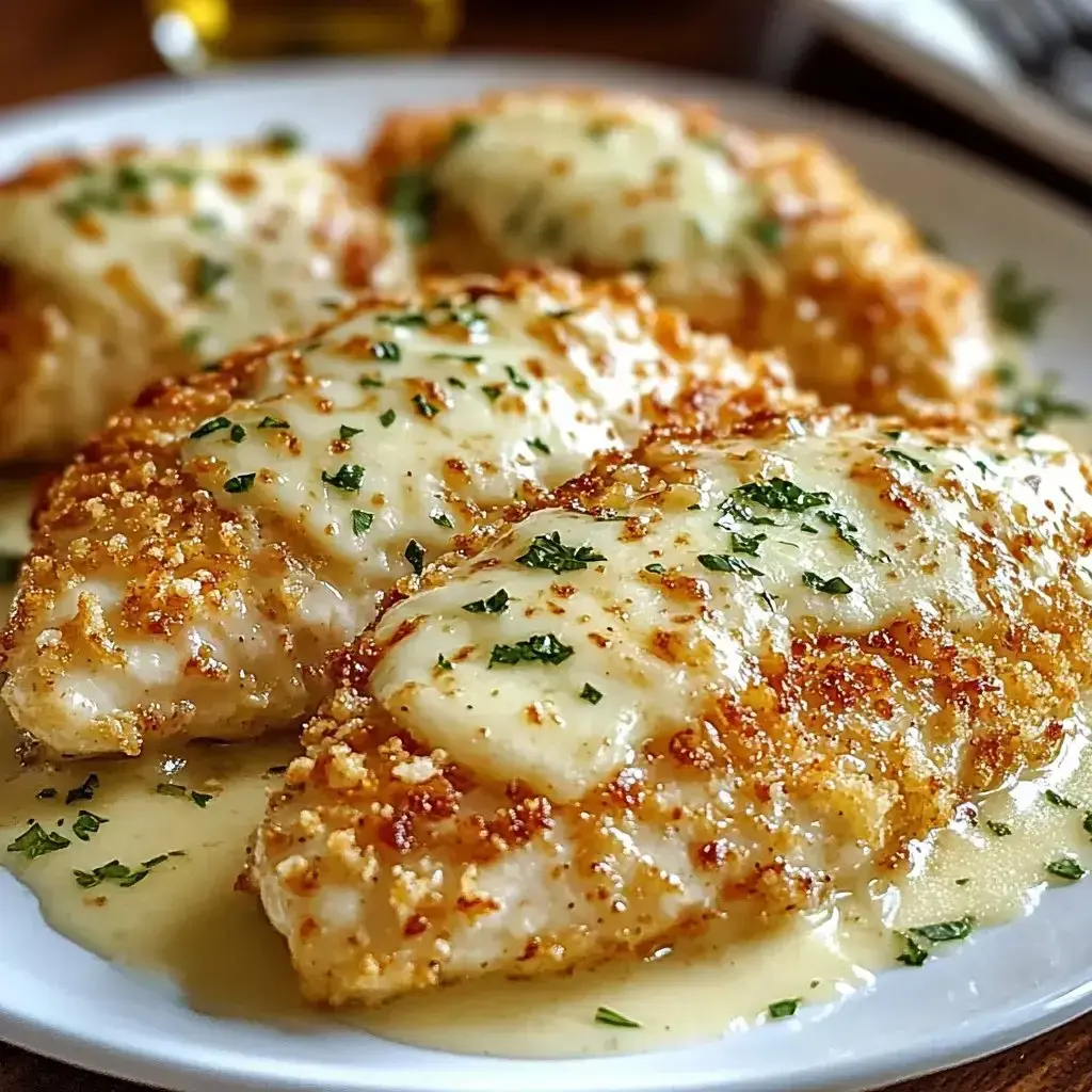 A plate of golden, breaded chicken fillets topped with a creamy sauce and sprinkled with chopped parsley.