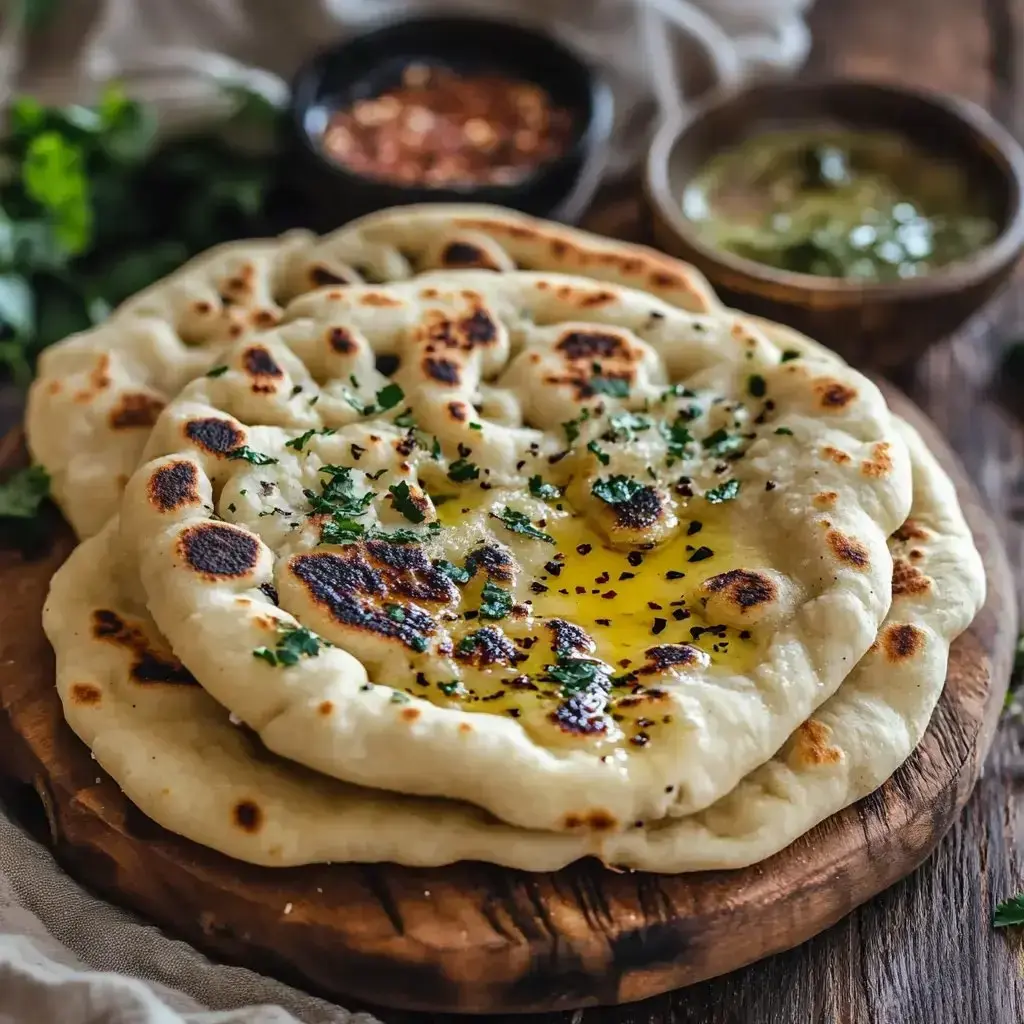 A stack of freshly baked naan bread topped with melted butter and garnished with chopped herbs on a wooden plate, accompanied by small bowls of sauces in the background.