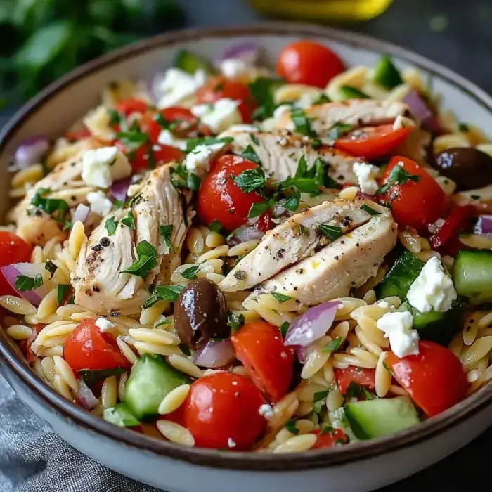 A colorful bowl of orzo pasta salad topped with grilled chicken, cherry tomatoes, cucumbers, olives, red onion, feta cheese, and fresh herbs.