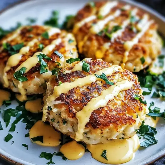 Three golden-brown crab cakes are garnished with chopped parsley and drizzled with a creamy sauce on a plate.