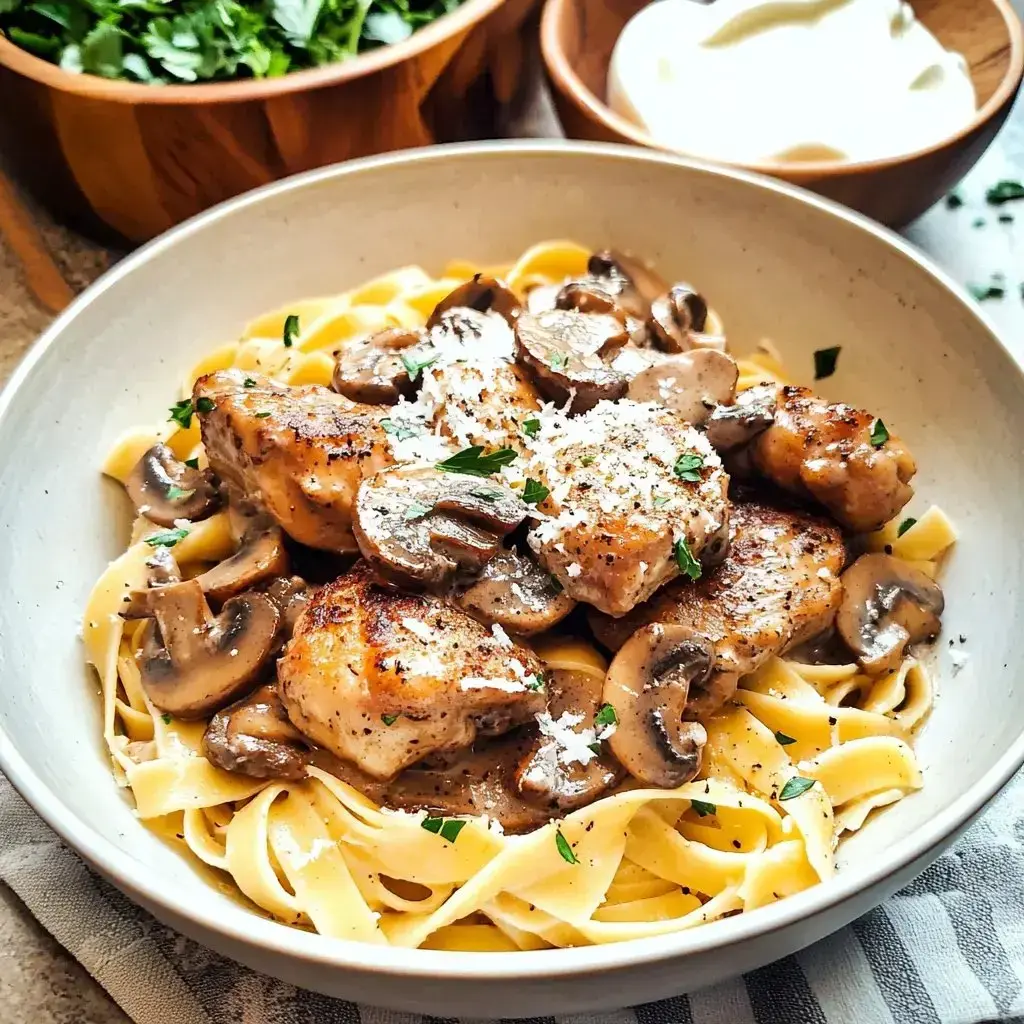 A bowl of fettuccine pasta topped with sautéed chicken, mushrooms, and a sprinkle of cheese, accompanied by bowls of herbs and sour cream in the background.