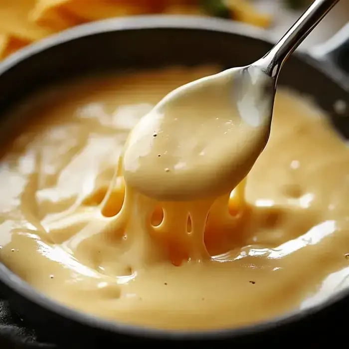 A spoon is lifting creamy cheese sauce from a dark bowl, with strands of cheese stretching as it pulls away.