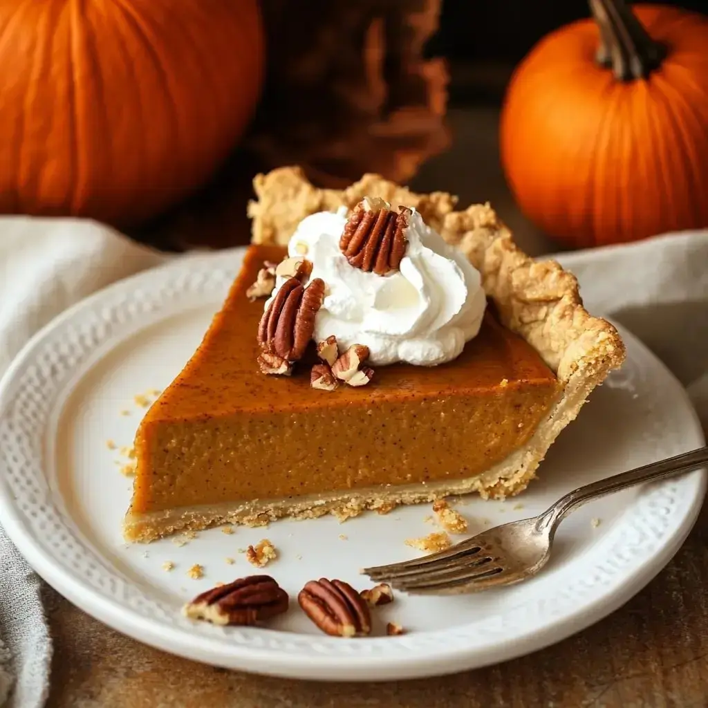 A slice of pumpkin pie topped with whipped cream and pecans on a plate, with pumpkins in the background.