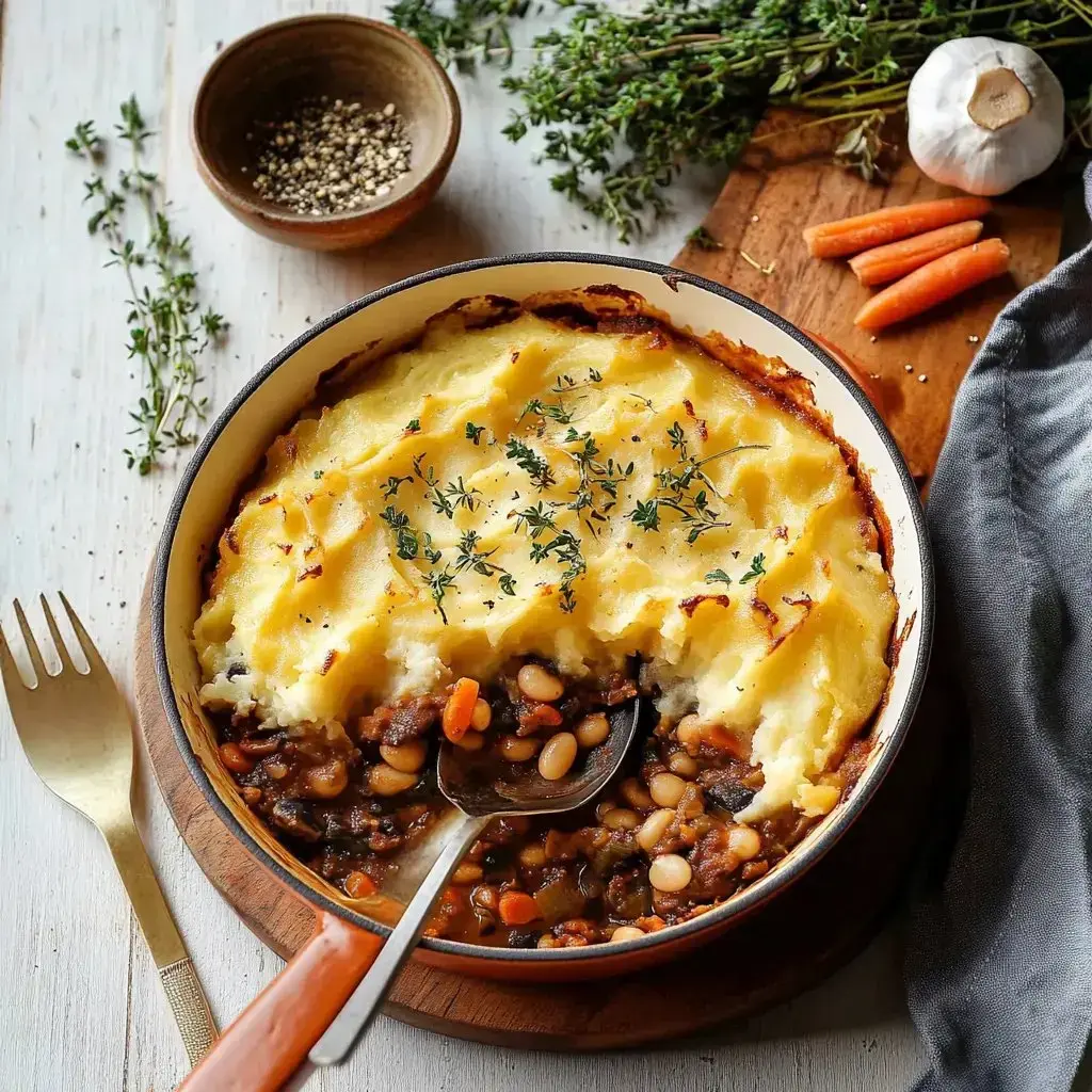 A serving of shepherd's pie with a golden mashed potato topping and a spoon revealing the hearty filling underneath, surrounded by herbs and vegetables.