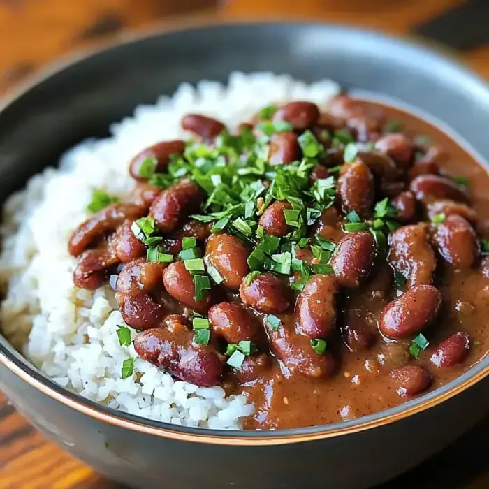 A bowl of white rice topped with brown kidney beans and chopped green herbs.