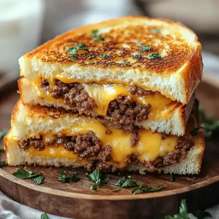 A stacked, gooey grilled cheese sandwich with layers of melted cheddar cheese and seasoned ground beef, garnished with parsley on a wooden plate.