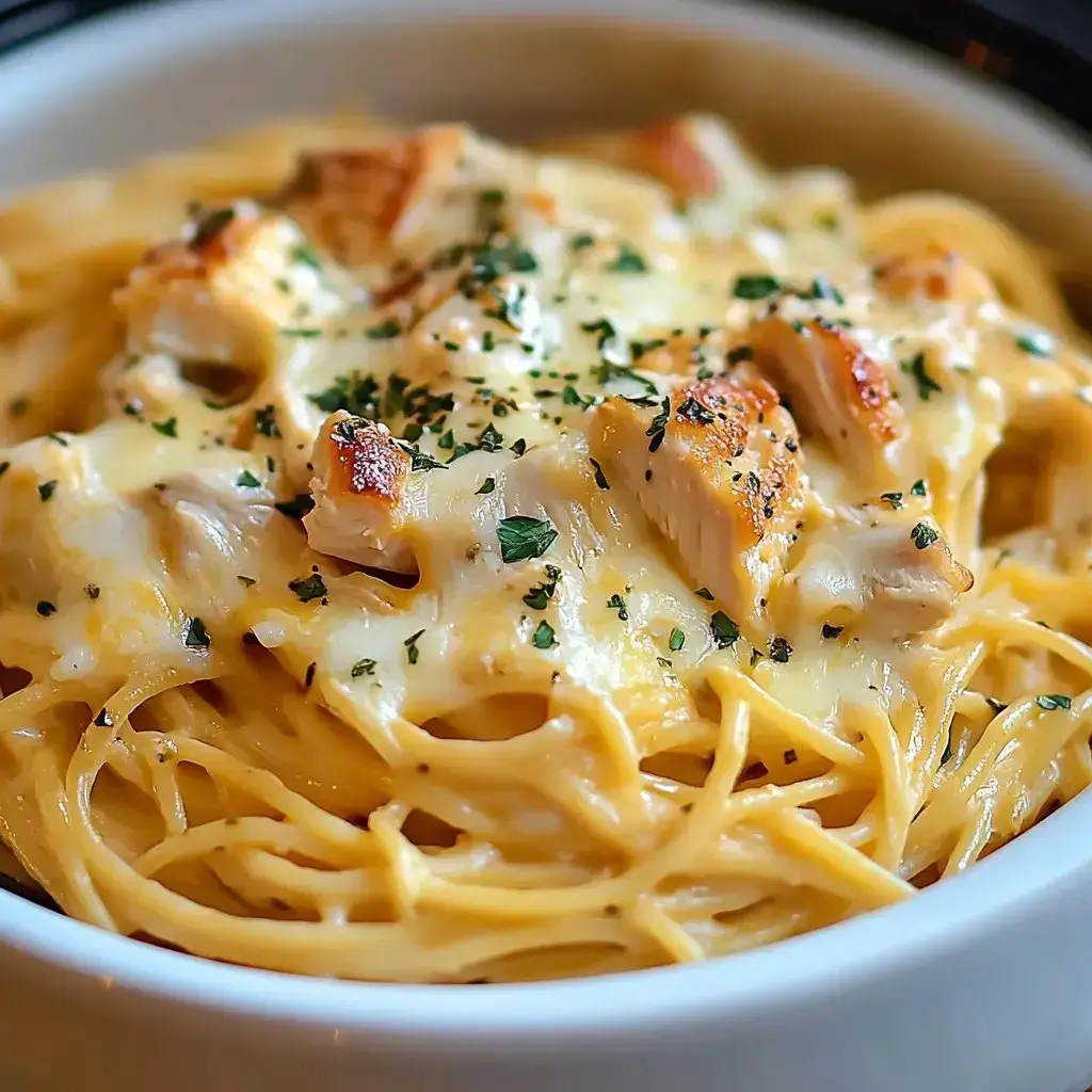 A bowl of creamy pasta topped with grilled chicken and sprinkled with herbs.