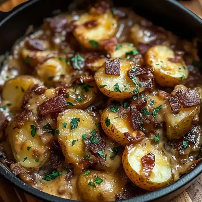 A close-up of a skillet filled with creamy, cheese-covered potatoes topped with crispy bacon and fresh parsley.