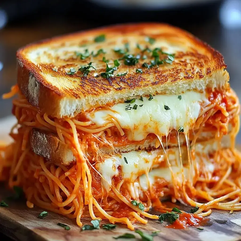 A grilled cheese sandwich filled with spaghetti and marinara sauce, oozing melted cheese, sits on a wooden board.