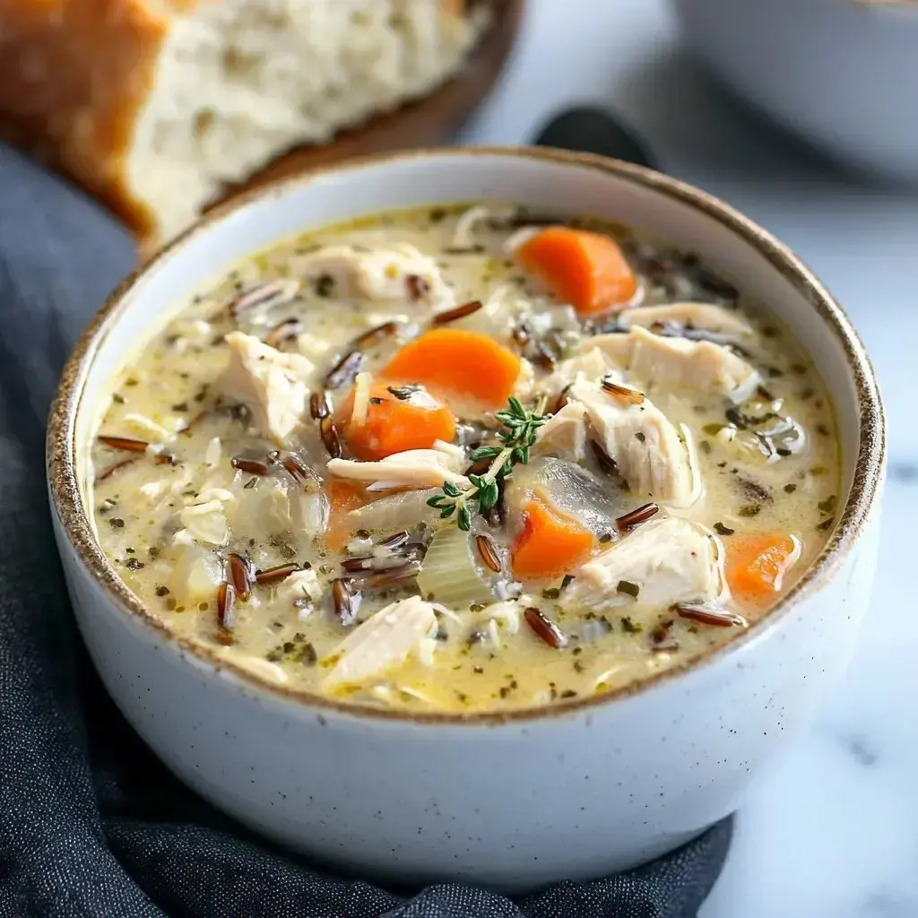 A bowl of hearty chicken and wild rice soup garnished with fresh thyme, alongside a piece of bread in the background.