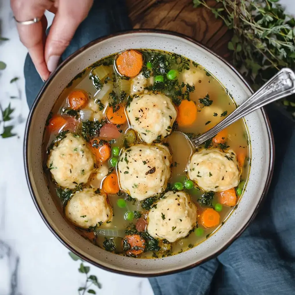 A bowl of soup filled with dumplings, carrots, peas, and greens, being held by a hand.