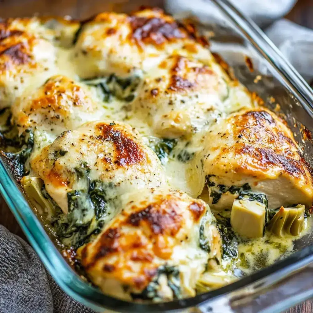 A glass baking dish filled with creamy, cheesy chicken breasts cooked with spinach and artichokes, topped with golden-browned melted cheese.