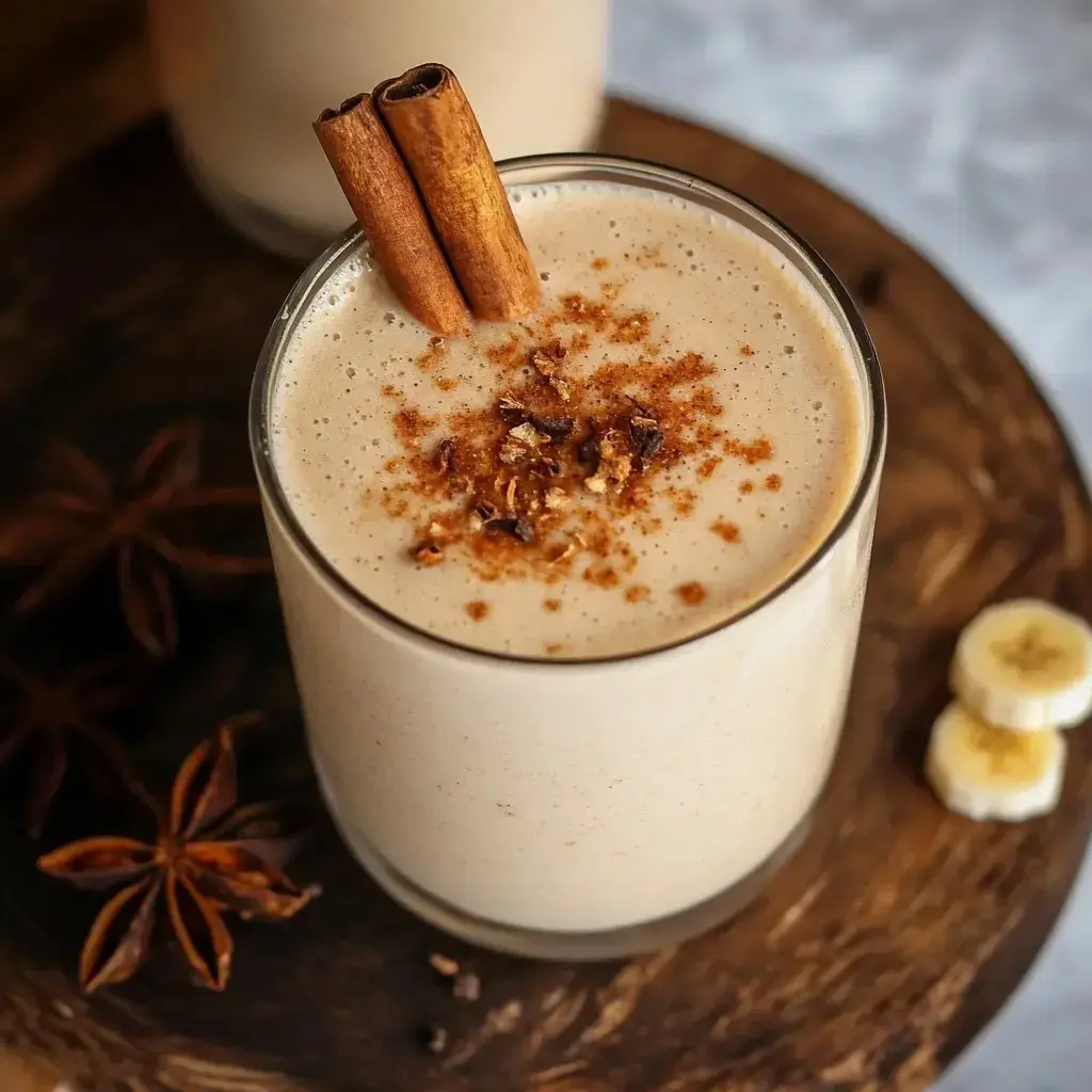 A creamy beverage topped with cinnamon and spices, served in a glass on a wooden plate alongside sliced bananas and star anise.