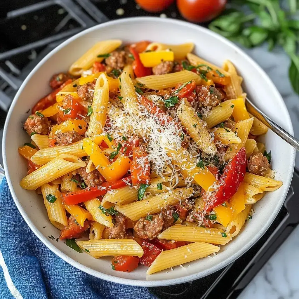 A bowl of penne pasta mixed with ground sausage, bell peppers, tomatoes, and topped with grated cheese and fresh herbs.