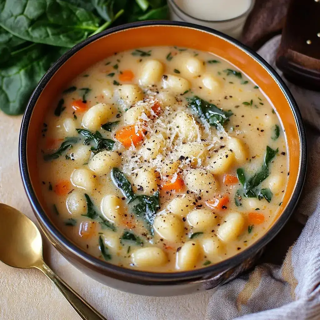 A creamy soup with gnocchi, spinach, and carrots, garnished with black pepper and cheese in a brown bowl.