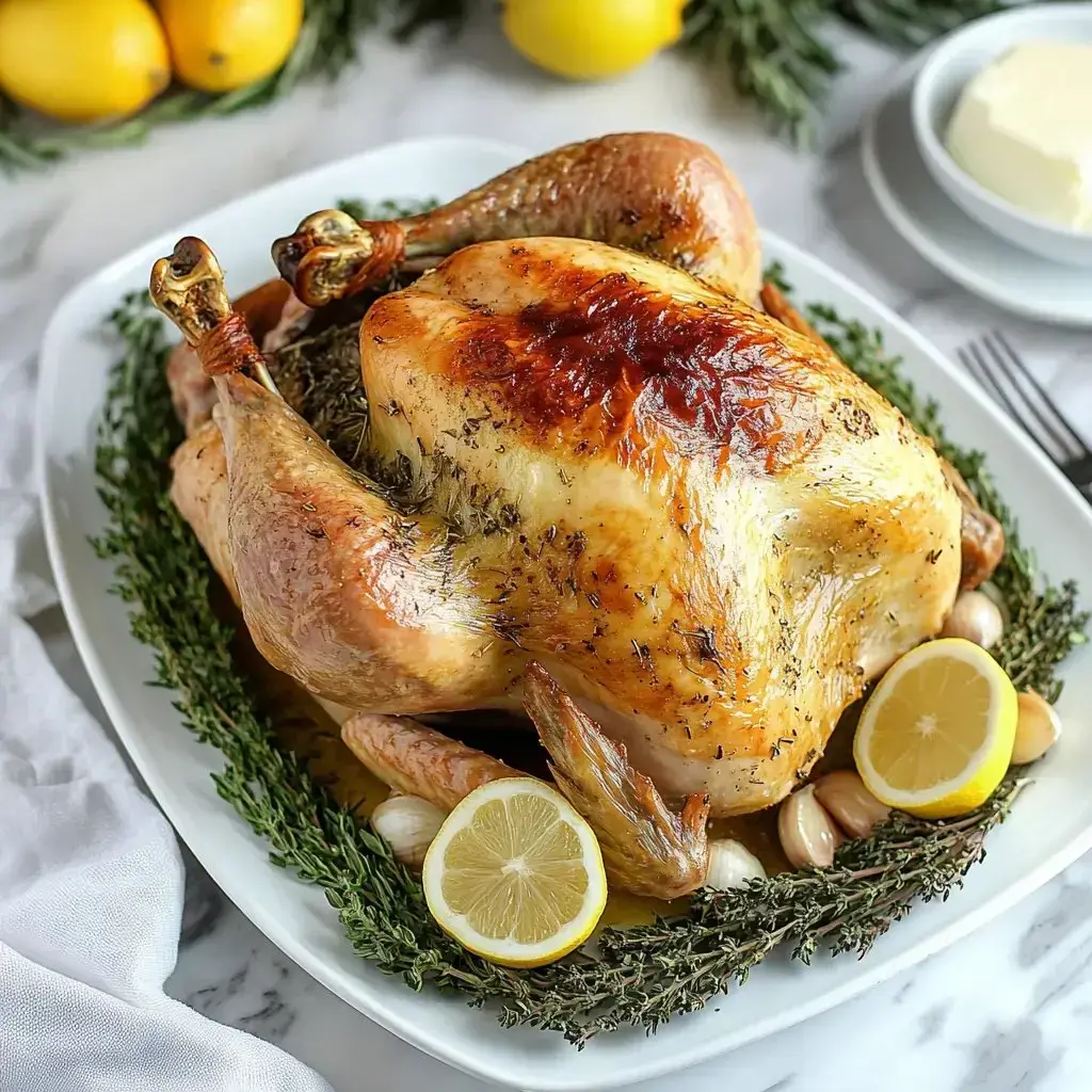 A beautifully roasted chicken garnished with lemon slices and surrounded by fresh herbs on a platter.