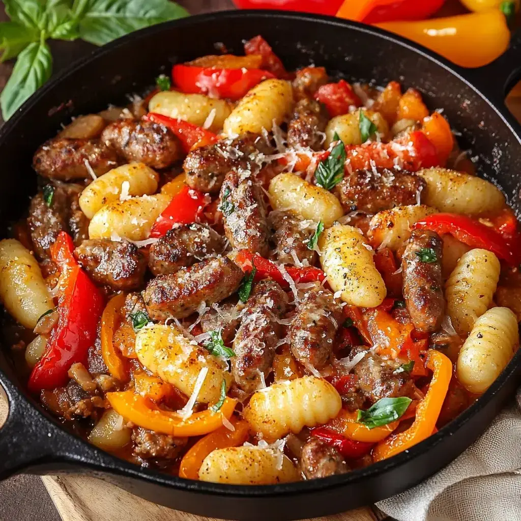 A skillet filled with gnocchi, sausages, and colorful bell peppers, garnished with fresh basil and grated cheese.