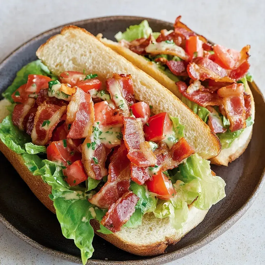 A close-up of two open-faced sandwiches topped with lettuce, diced tomatoes, crispy bacon, and a creamy sauce, served on a dark plate.