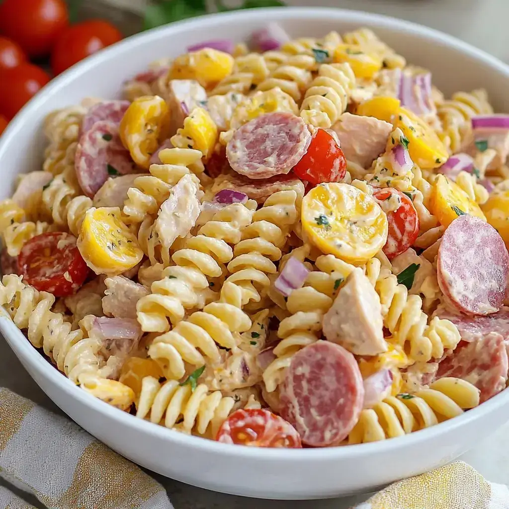 A bowl of rotini pasta salad mixed with salami, cherry tomatoes, yellow tomatoes, red onion, and a creamy dressing.