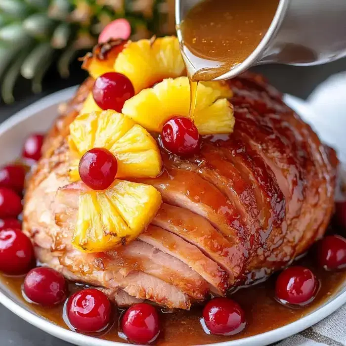 A glazed ham garnished with pineapple rings and cherries, with sauce being poured over it.