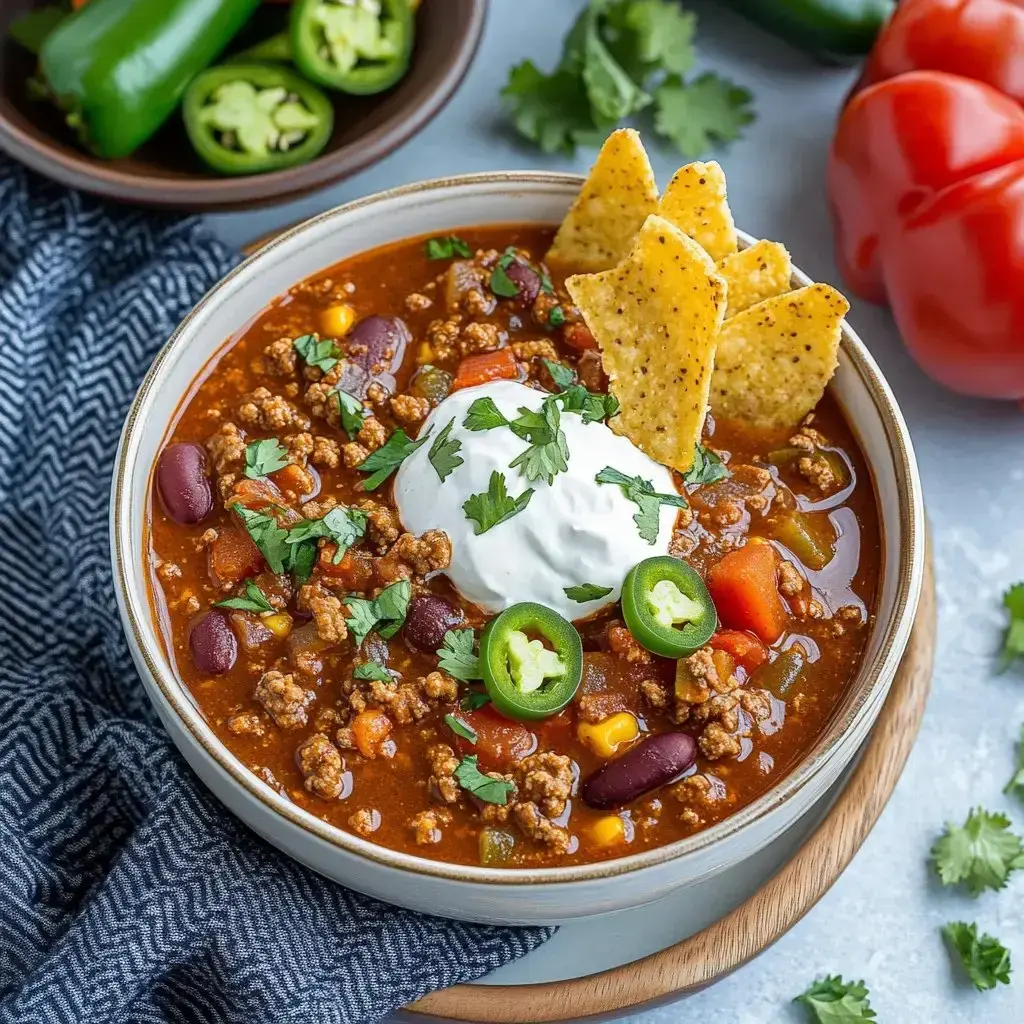 A bowl of hearty chili topped with sour cream, cilantro, and tortilla chips, surrounded by fresh vegetables and garnishes.