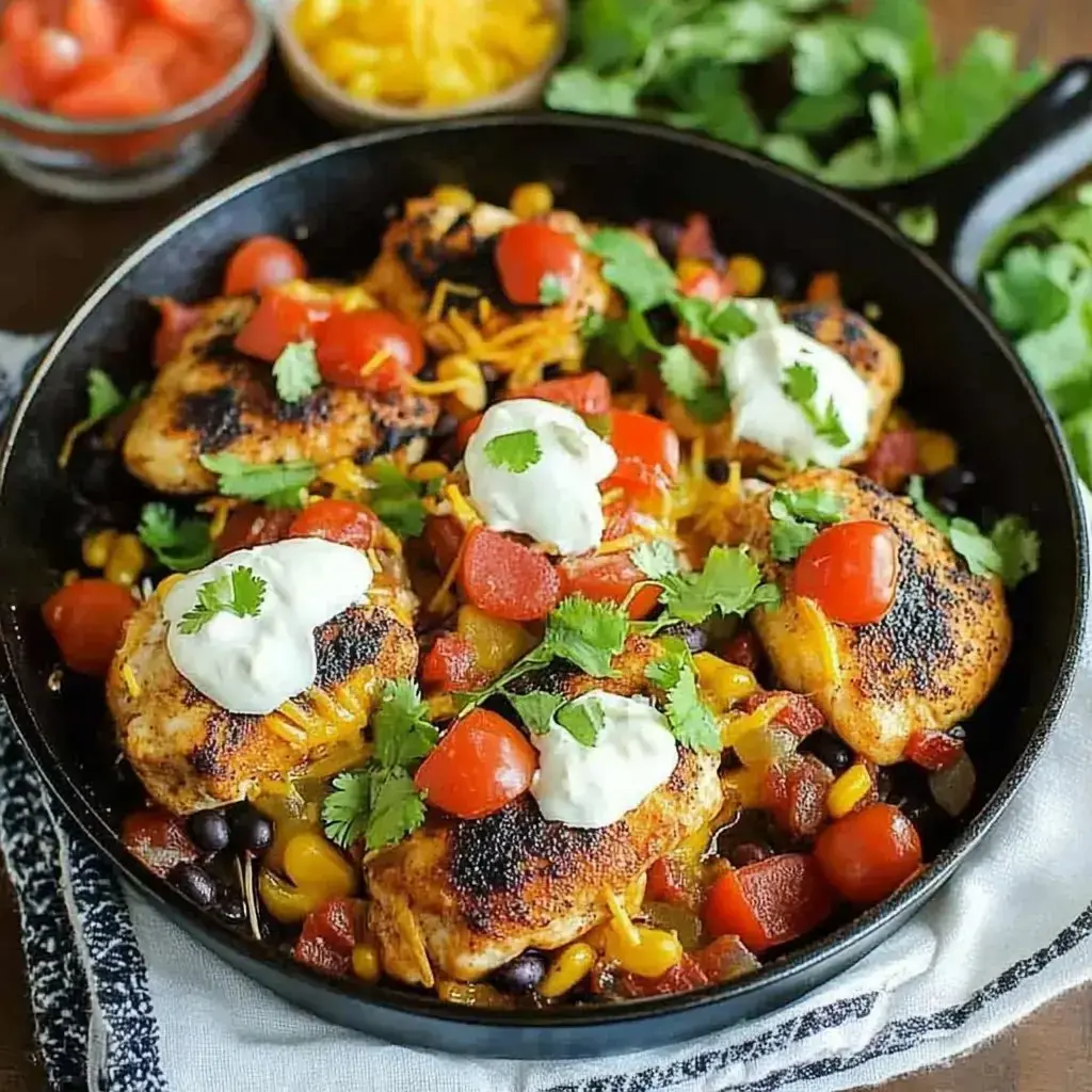 A skillet of cooked chicken thighs topped with tomatoes, black beans, corn, cheese, and fresh cilantro, served with dollops of sour cream.