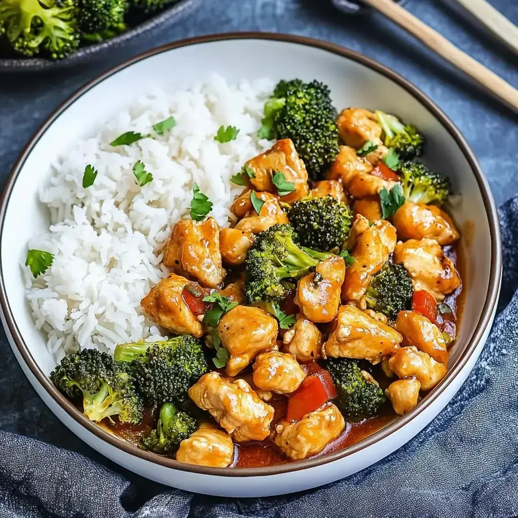 A bowl of white rice served with chicken, broccoli, and red peppers in a savory sauce, garnished with fresh cilantro.