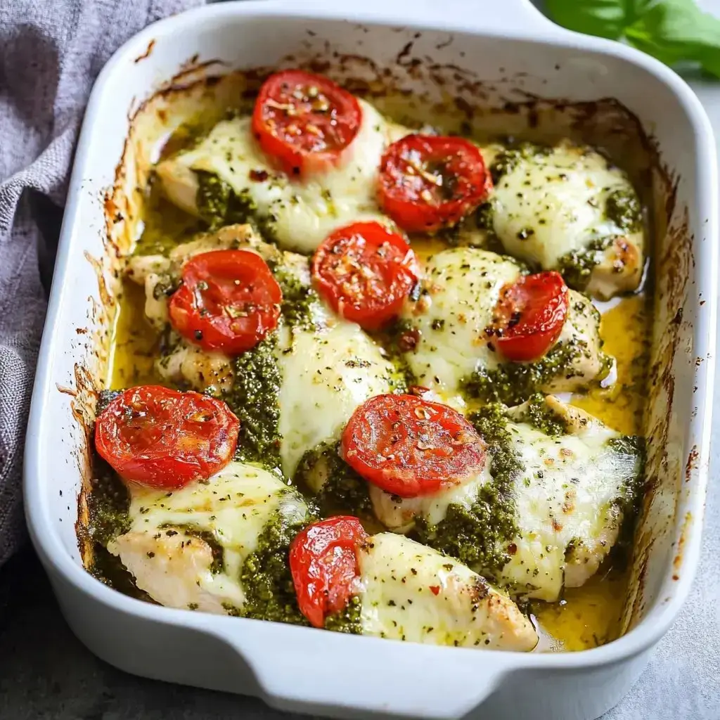 A white baking dish holds baked chicken topped with melted cheese, sliced tomatoes, and pesto sauce.