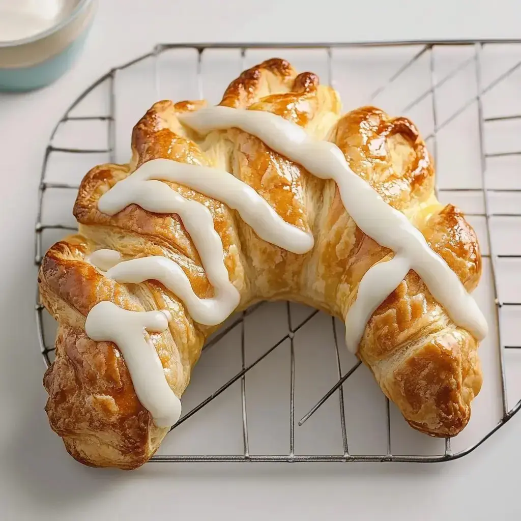 A freshly baked croissant drizzled with white icing sits on a wire rack.