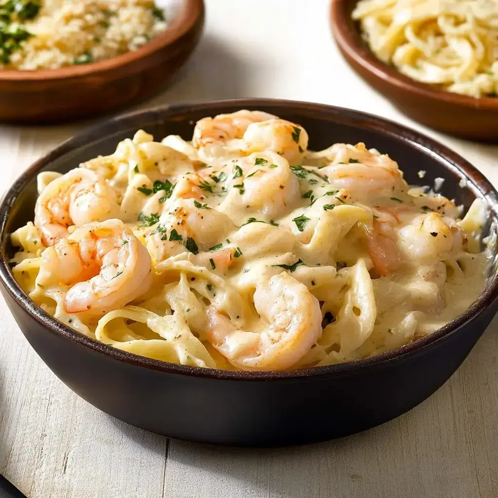 A bowl of creamy shrimp fettuccine topped with parsley, accompanied by bowls of grated cheese and plain fettuccine in the background.