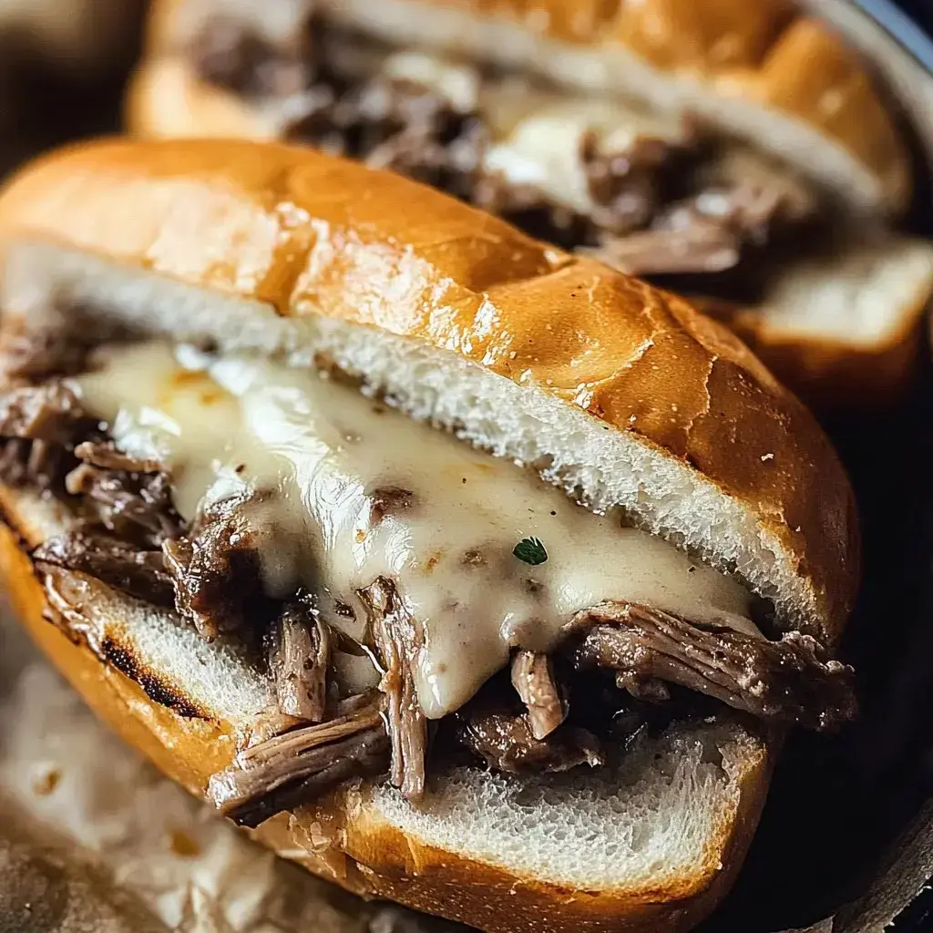 Two loaded sandwich rolls filled with shredded beef and melted cheese.