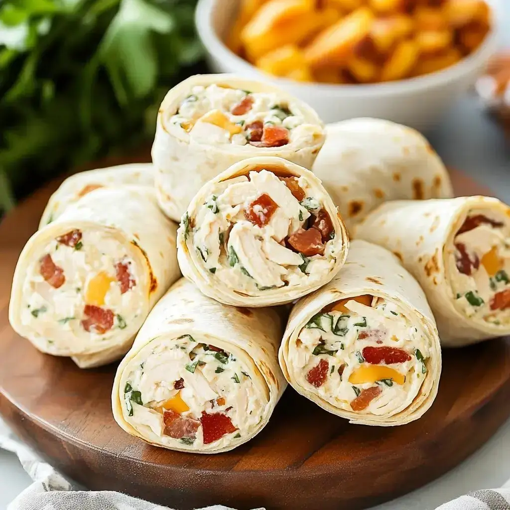 A close-up image of rolled tortillas filled with creamy chicken, cheese, diced tomatoes, and greens, arranged on a wooden platter.