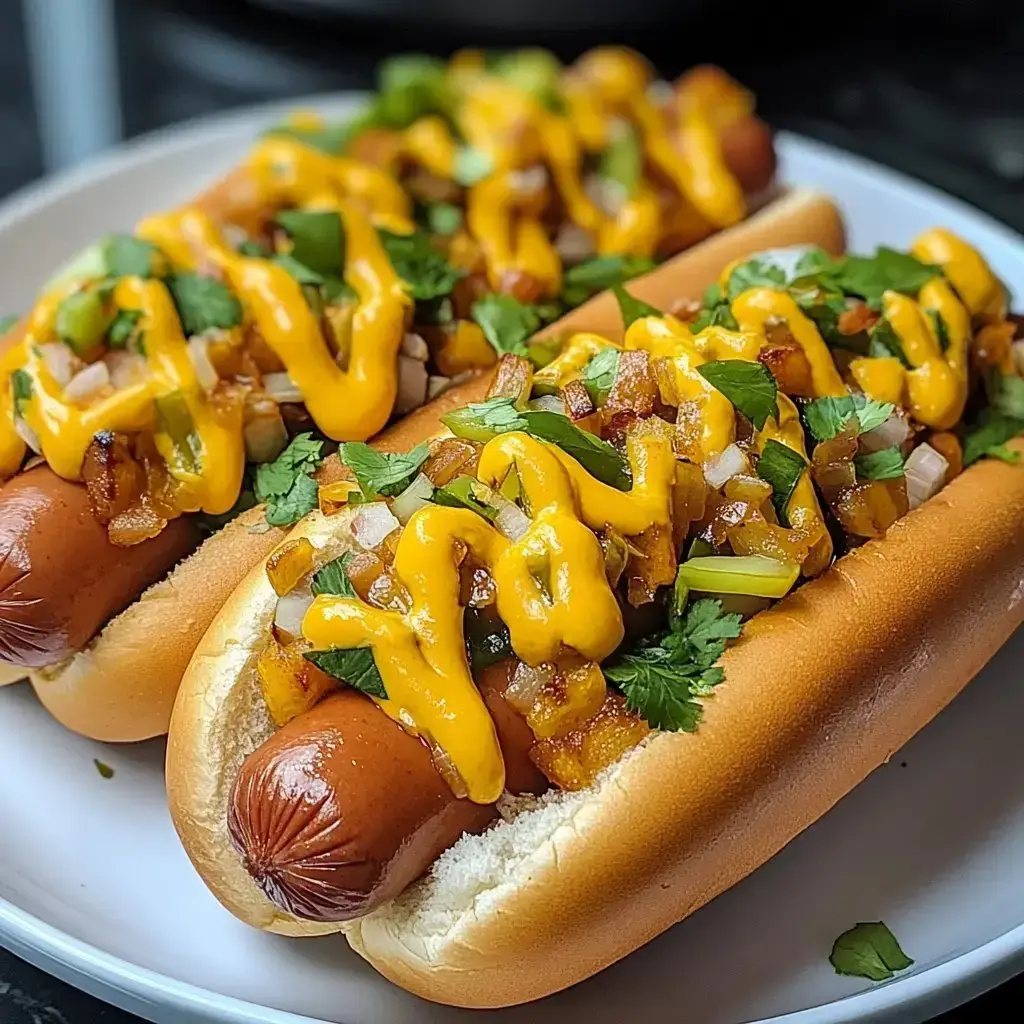 A close-up of two hot dogs in buns topped with diced vegetables, cilantro, and drizzled with yellow mustard.