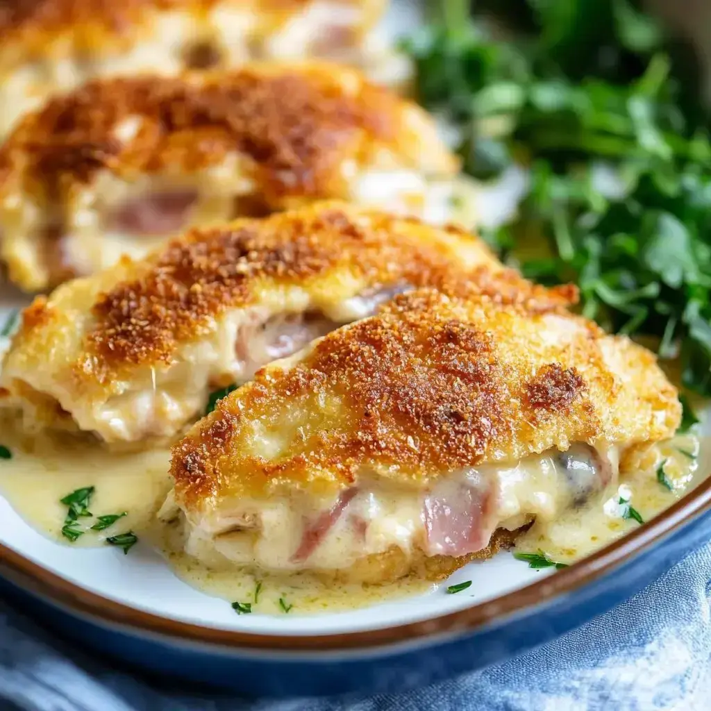 A close-up of golden-brown, crispy chicken breasts stuffed with ham and cheese, served on a plate with a creamy sauce and garnished with fresh herbs.